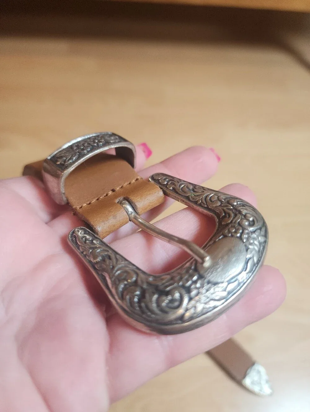 Yourturn Genuine Leather Brown Belt Silver Floral Metal Buckle 37